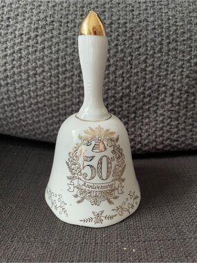 50th Anniversary Decorative White and Gold Porcelain Bell